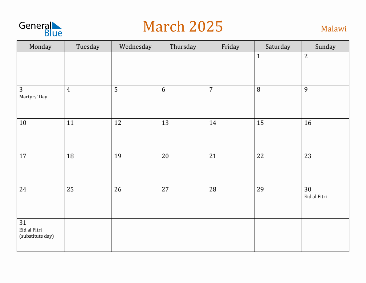 Free March 2025 Malawi Calendar