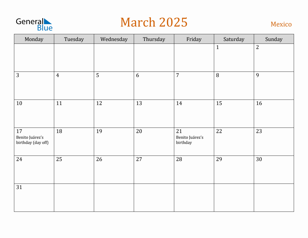 Free March 2025 Mexico Calendar