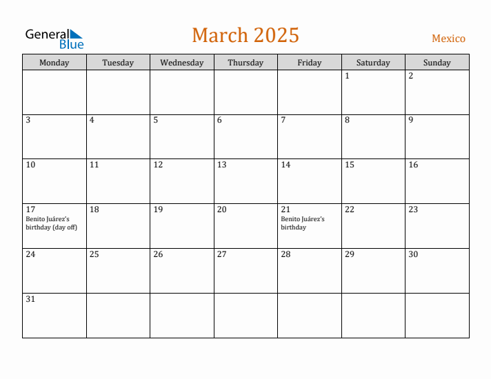 March 2025 Holiday Calendar with Monday Start