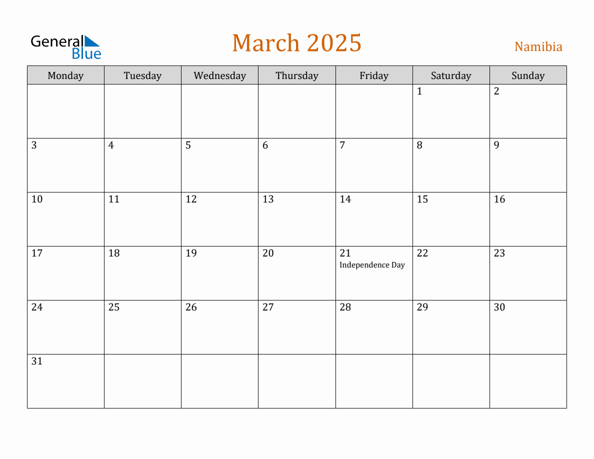 Free March 2025 Namibia Calendar