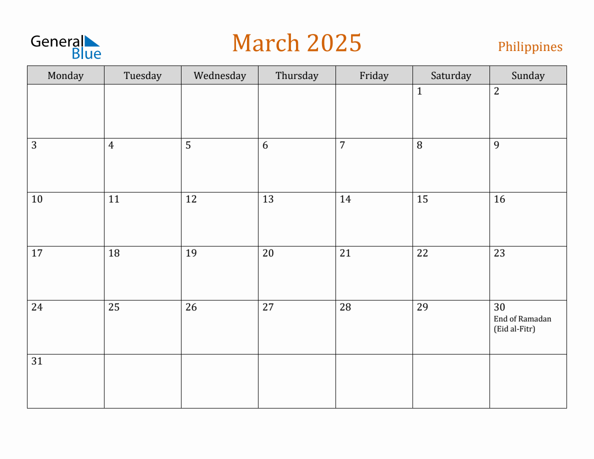 Free March 2025 Philippines Calendar