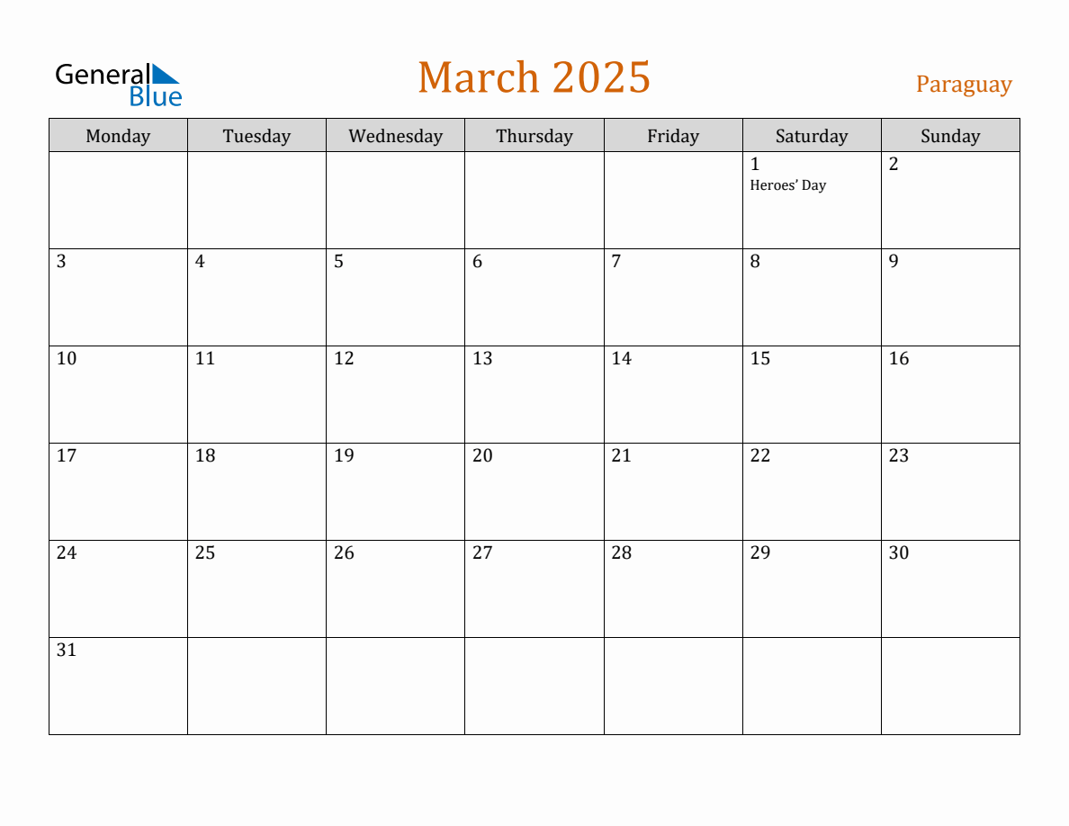 Free March 2025 Paraguay Calendar