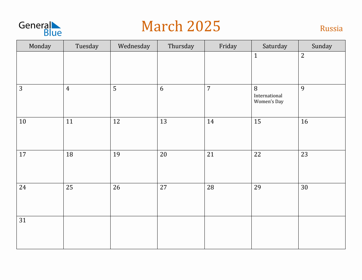 Free March 2025 Russia Calendar