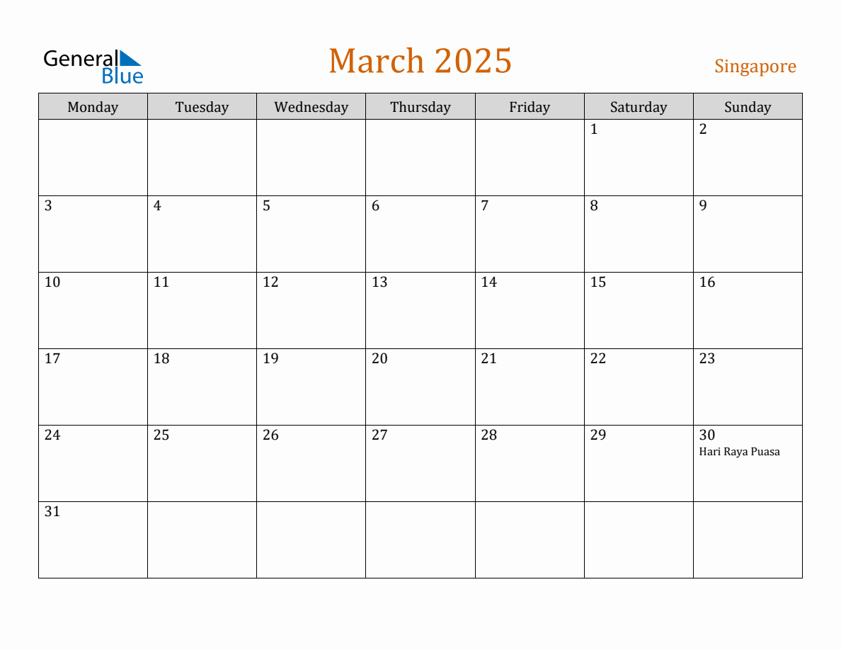 Free March 2025 Singapore Calendar