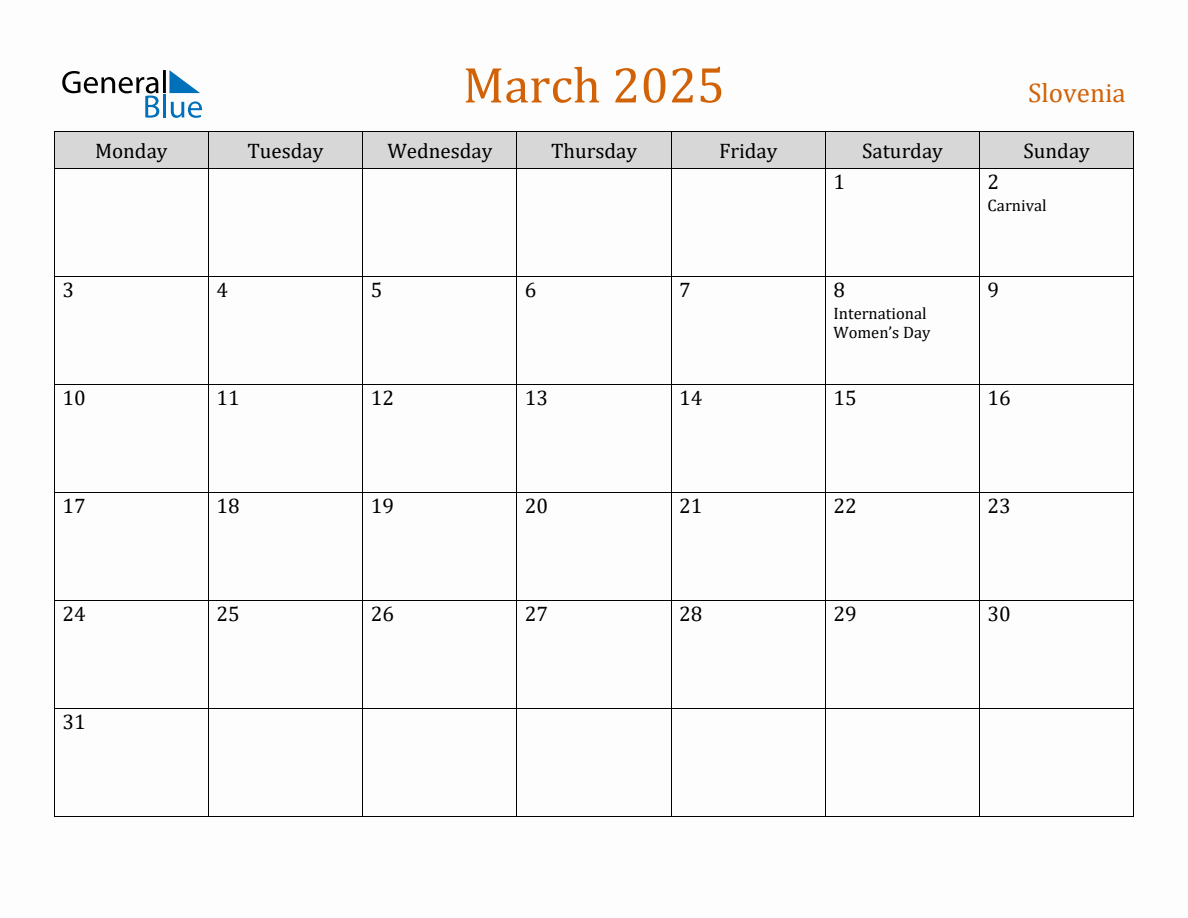 Free March 2025 Slovenia Calendar