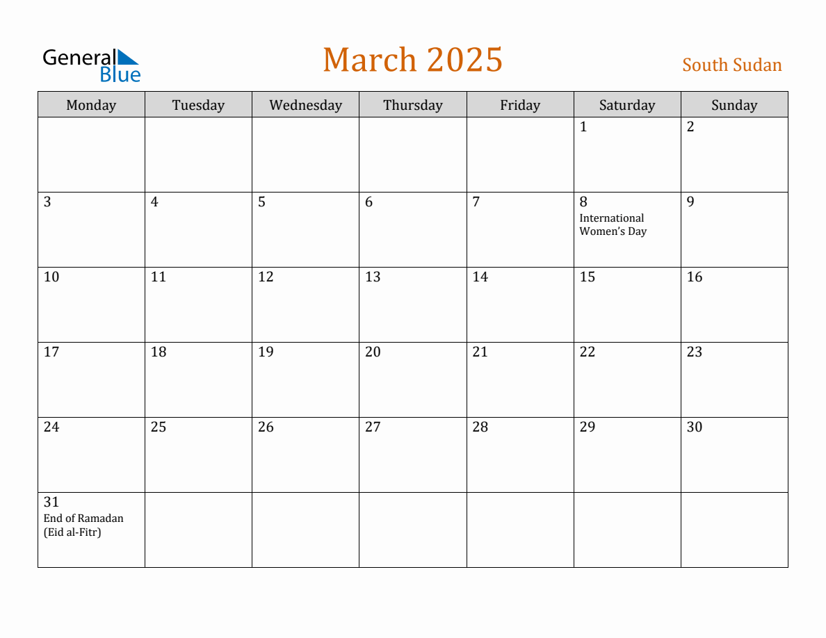 Free March 2025 South Sudan Calendar