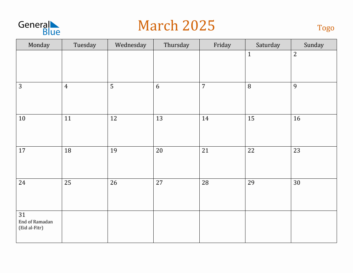 Free March 2025 Togo Calendar