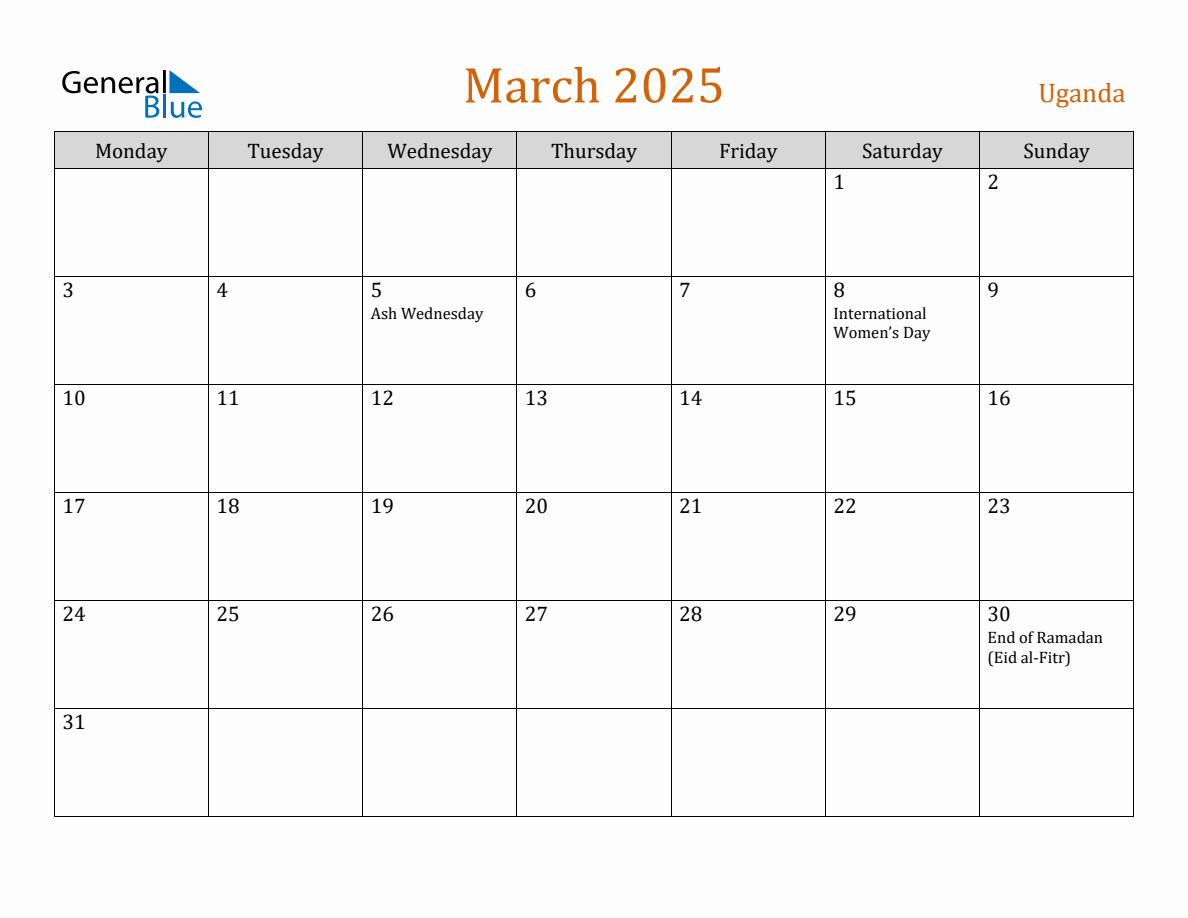 Free March 2025 Uganda Calendar