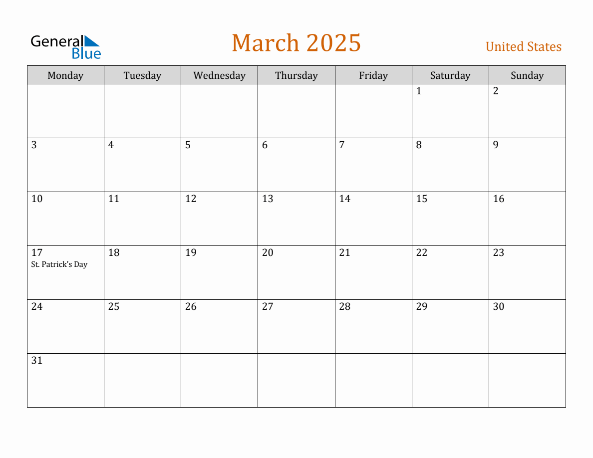 Free March 2025 United States Calendar