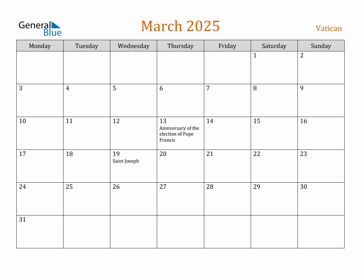 Free March 2025 Vatican Calendar