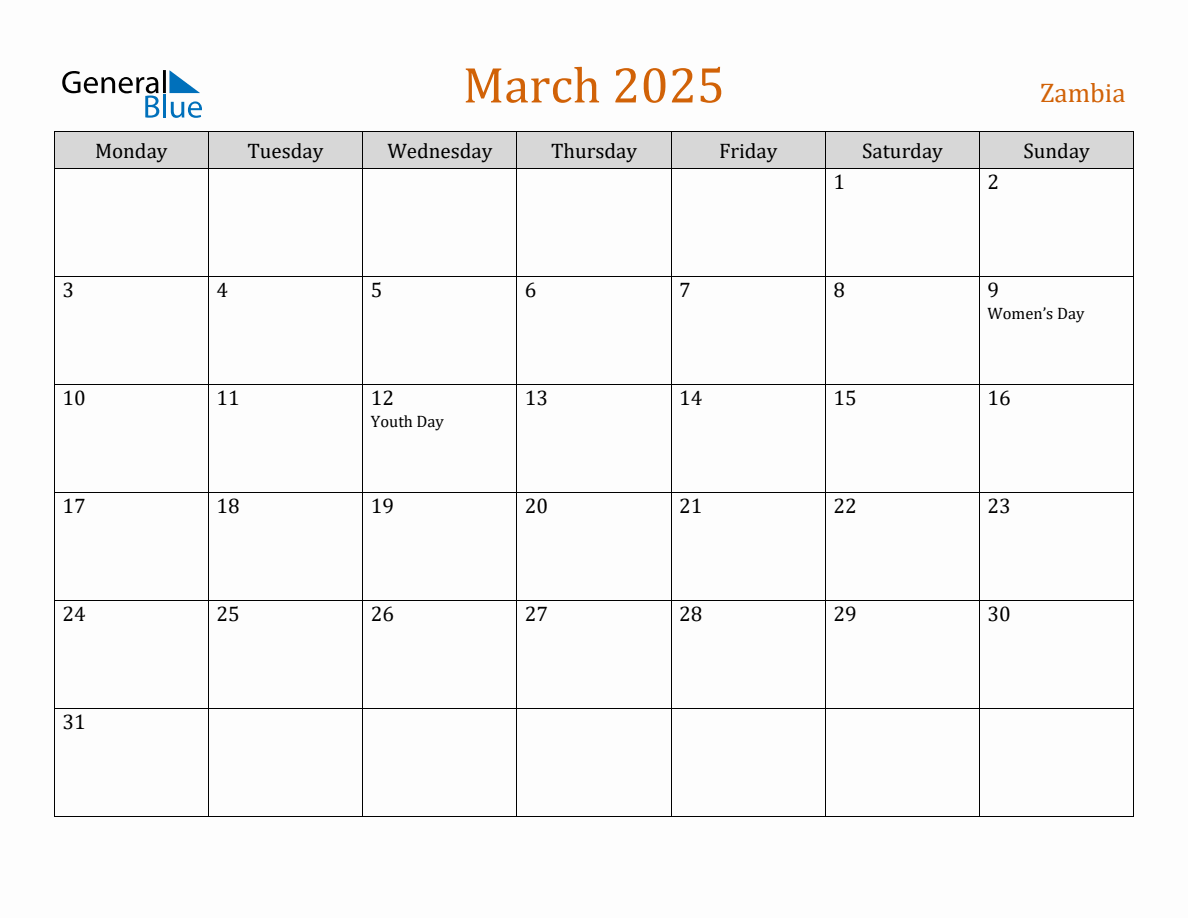 Free March 2025 Zambia Calendar