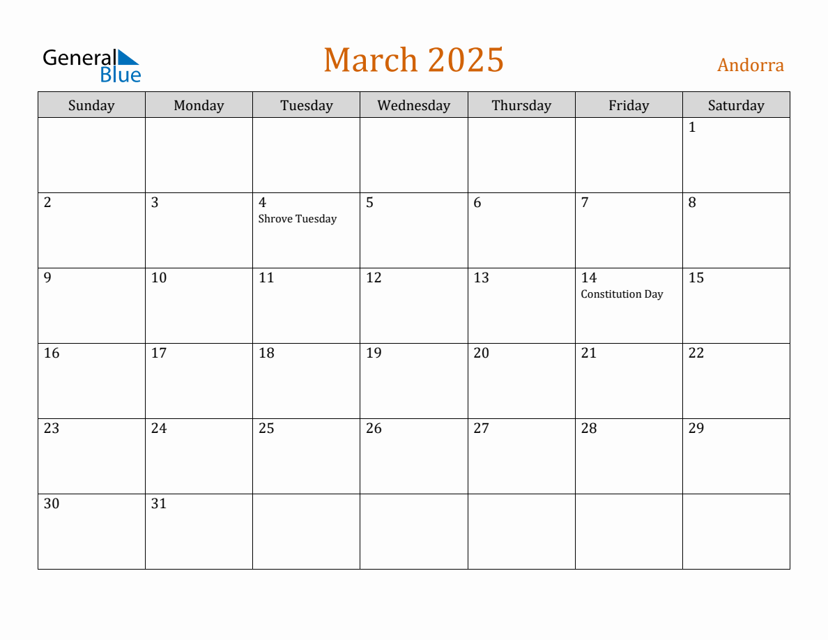 Free March 2025 Andorra Calendar