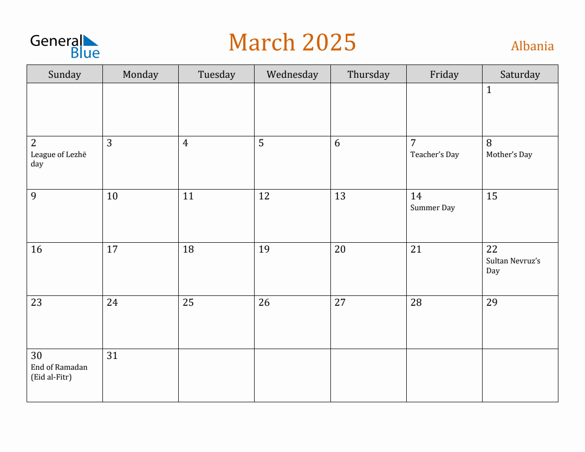 Free March 2025 Albania Calendar