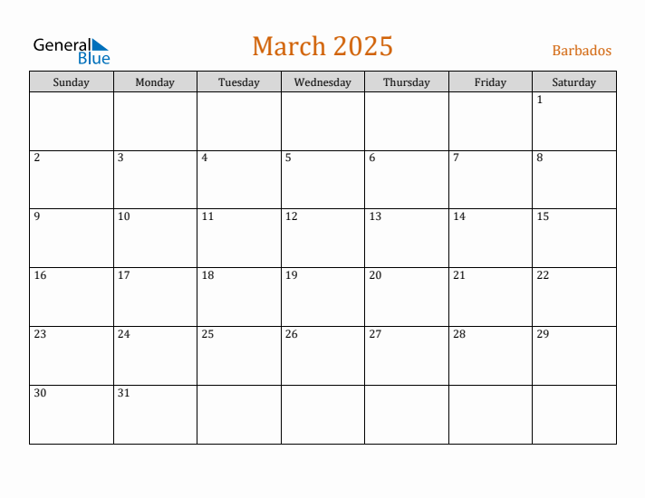 Free March 2025 Barbados Calendar