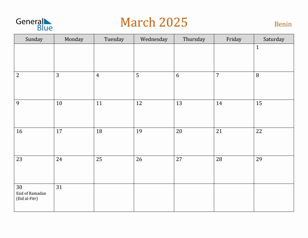 Free March 2025 Benin Calendar