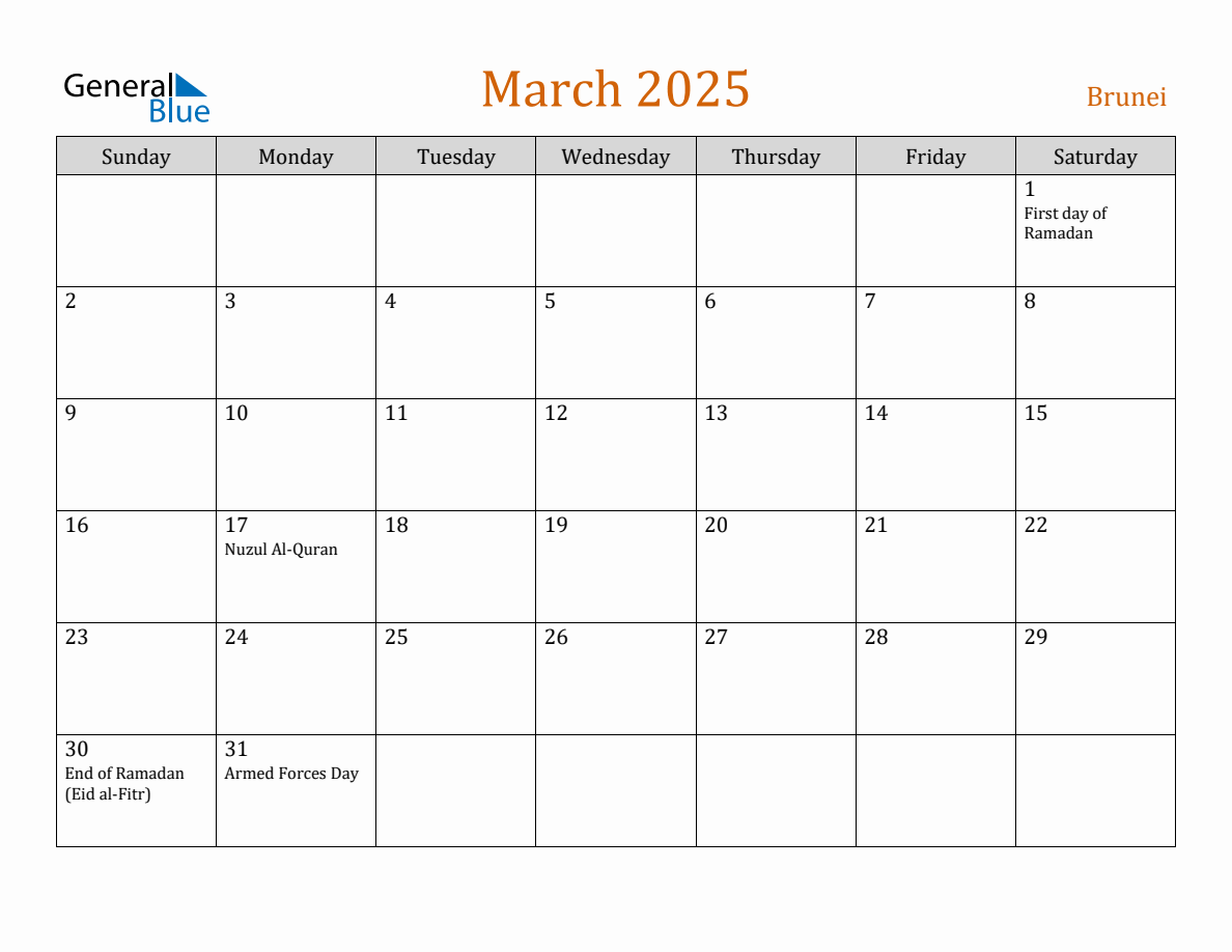 Free March 2025 Brunei Calendar