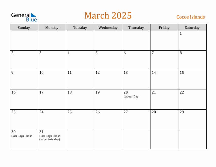 Free March 2025 Cocos Islands Calendar