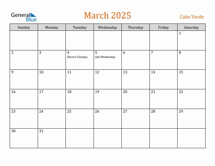 Free March 2025 Cabo Verde Calendar