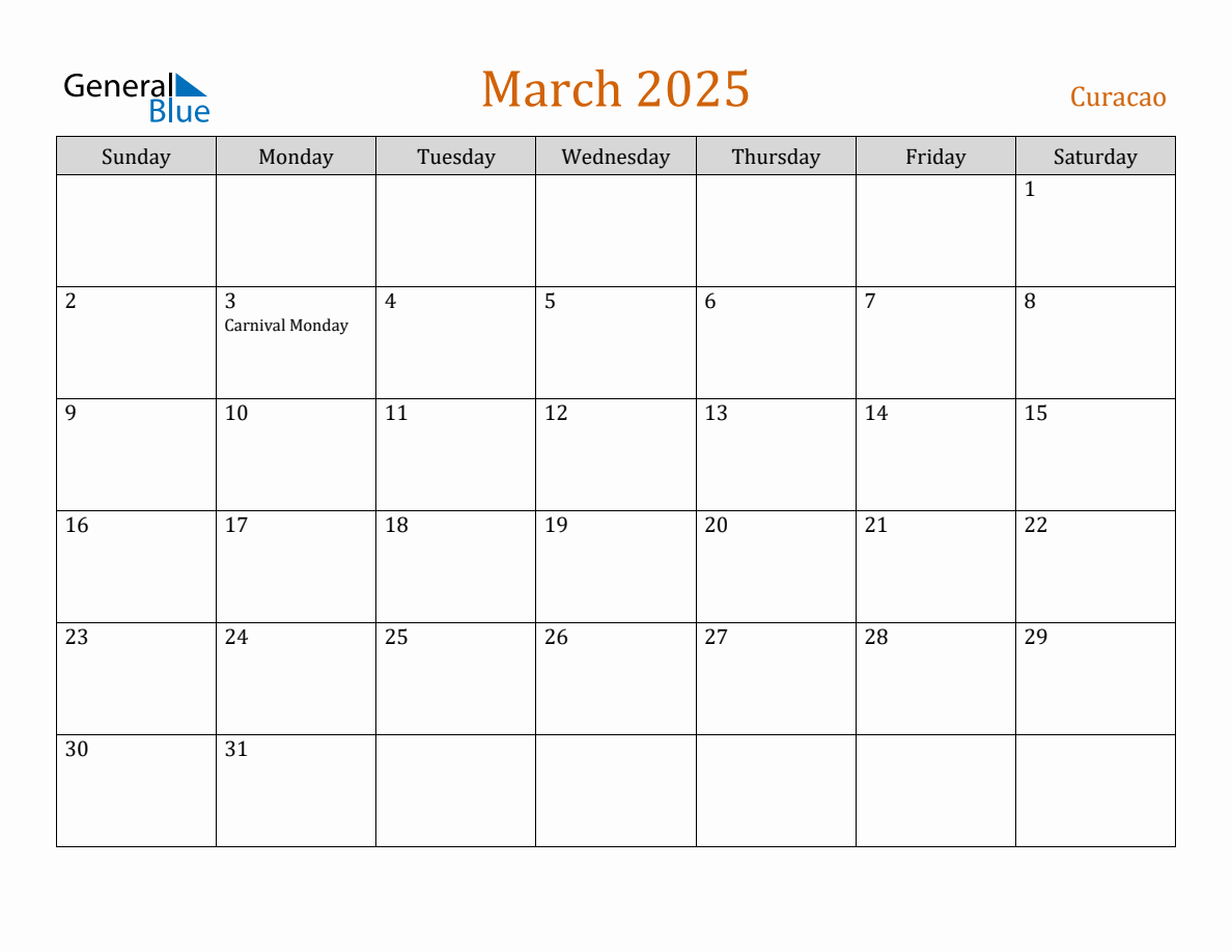 Free March 2025 Curacao Calendar