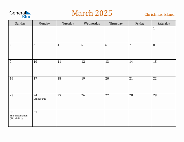 March 2025 Holiday Calendar with Sunday Start