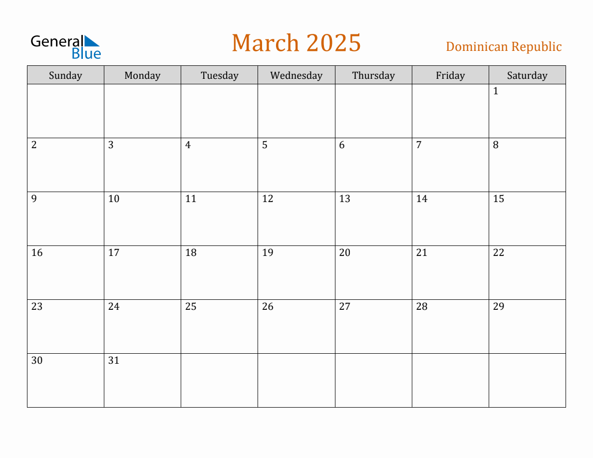 Free March 2025 Dominican Republic Calendar