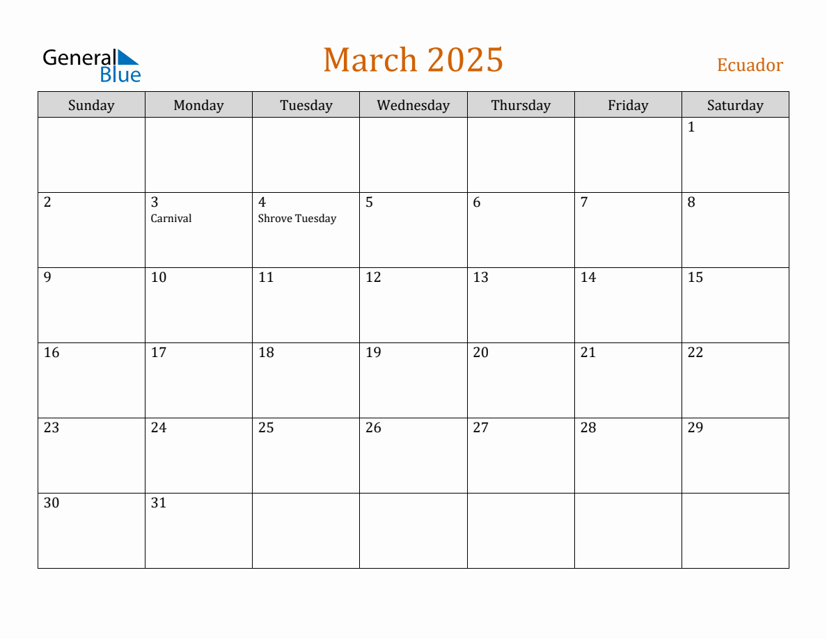 Free March 2025 Ecuador Calendar