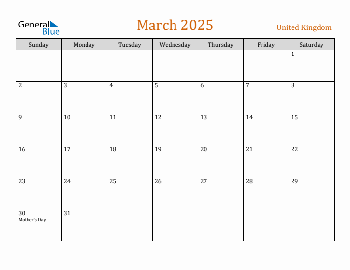 Free March 2025 United Kingdom Calendar