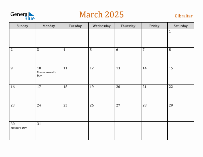 Free March 2025 Gibraltar Calendar