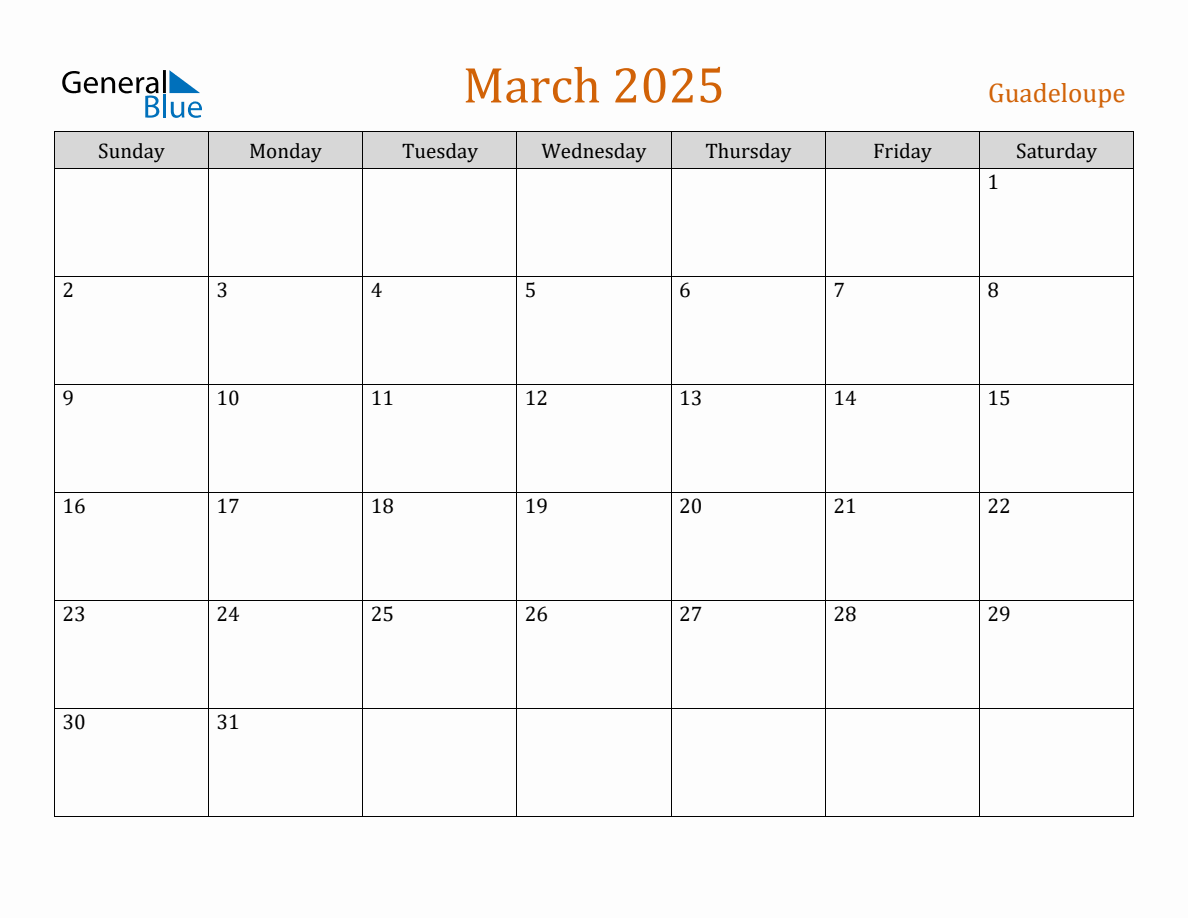 Free March 2025 Guadeloupe Calendar