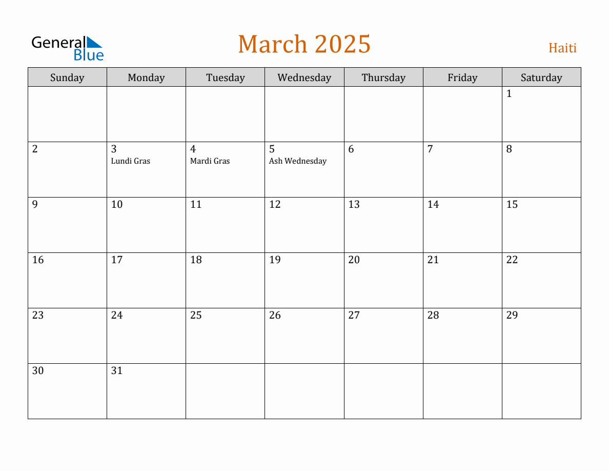 Free March 2025 Haiti Calendar