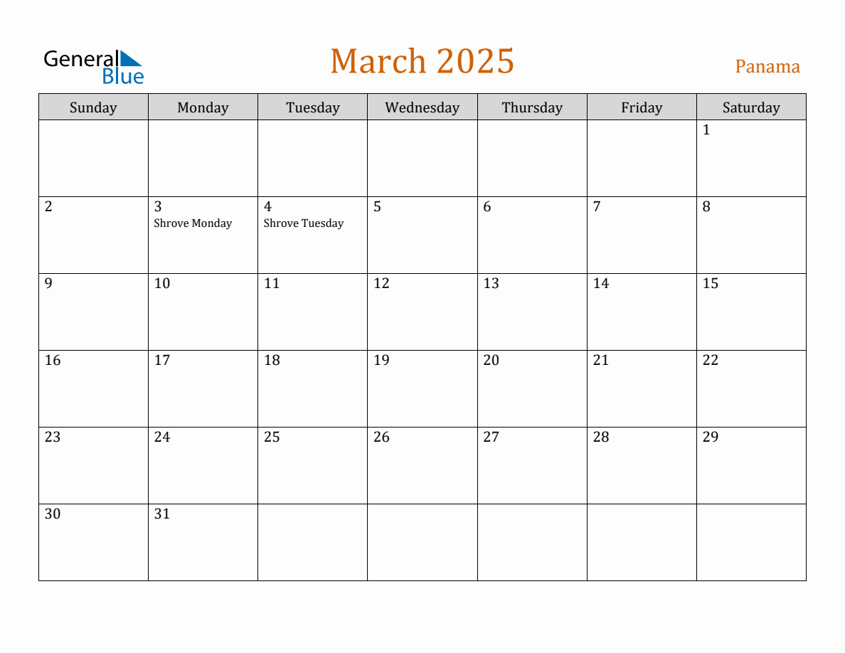 Free March 2025 Panama Calendar