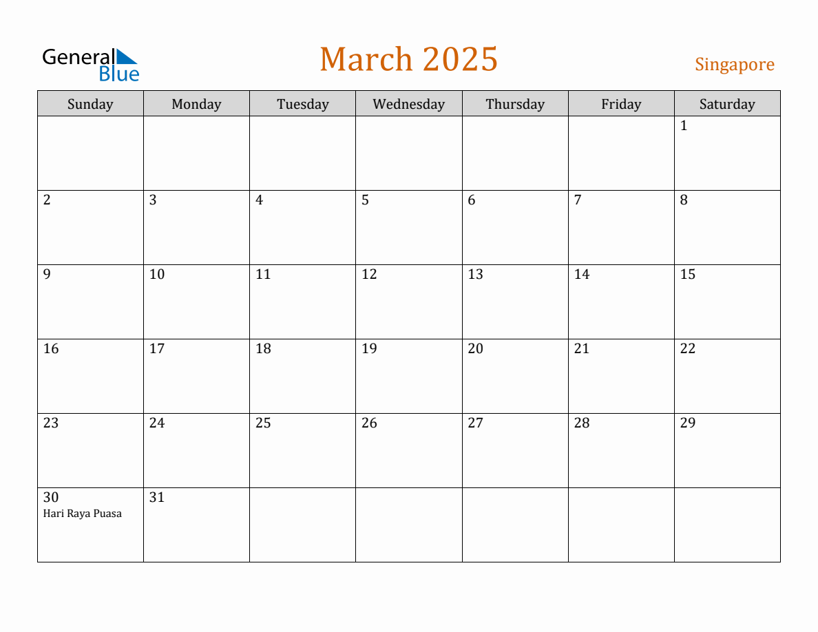 Free March 2025 Singapore Calendar