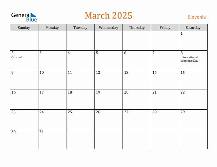 March 2025 Holiday Calendar with Sunday Start
