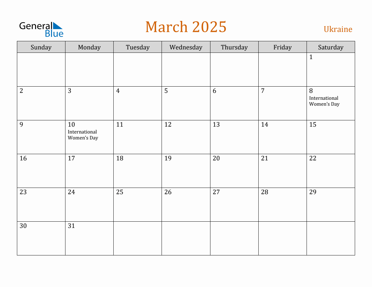 Free March 2025 Ukraine Calendar