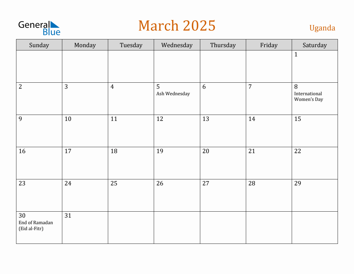 Free March 2025 Uganda Calendar