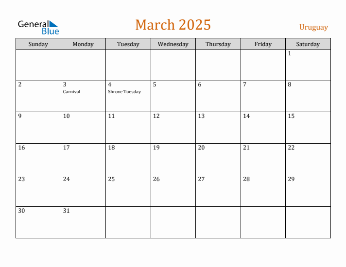 Free March 2025 Uruguay Calendar