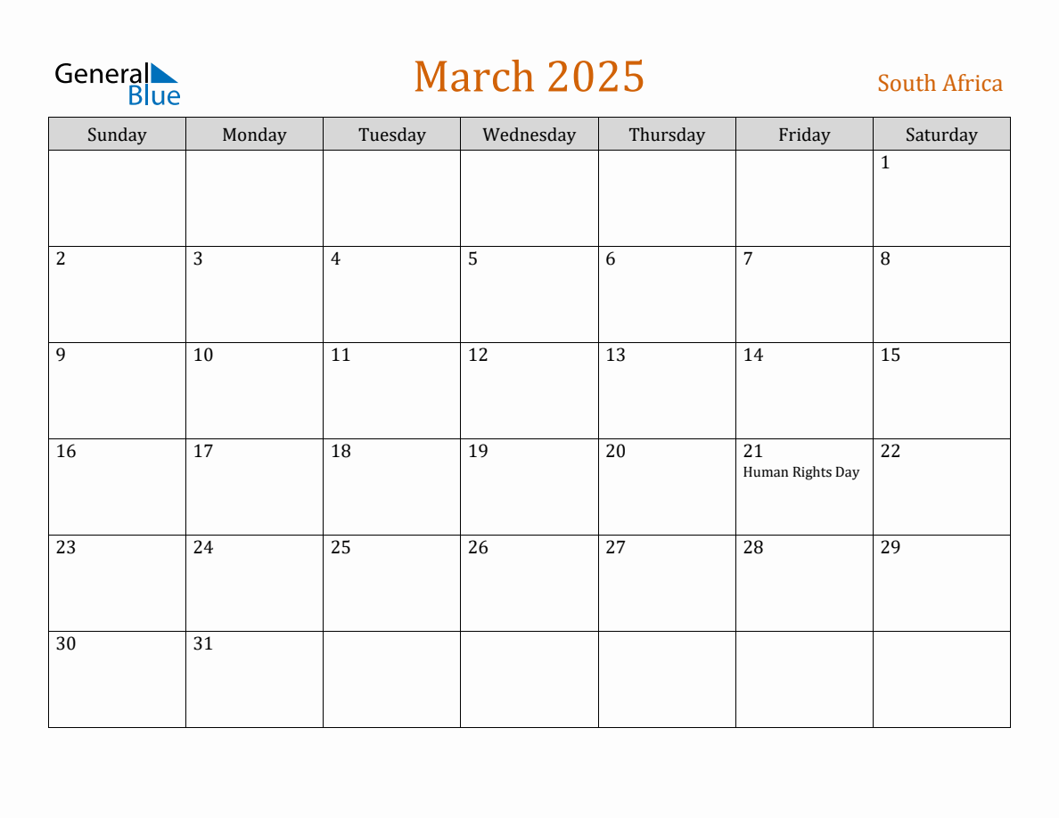 Free March 2025 South Africa Calendar