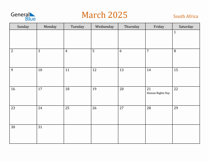 Free March 2025 South Africa Calendar