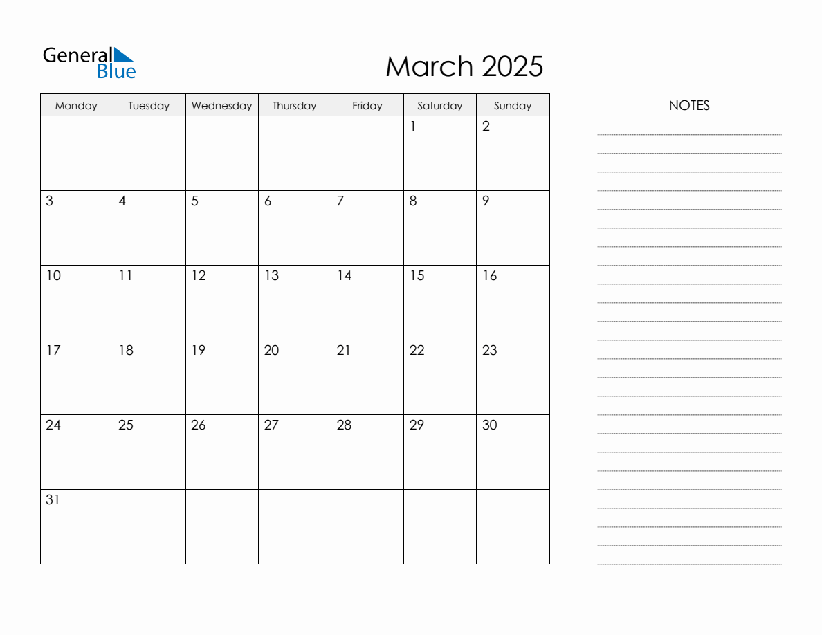 March 2025 Printable Calendar Monday Start