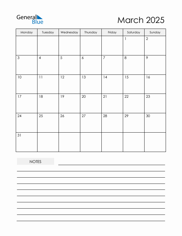 Printable Calendar with Notes - March 2025 