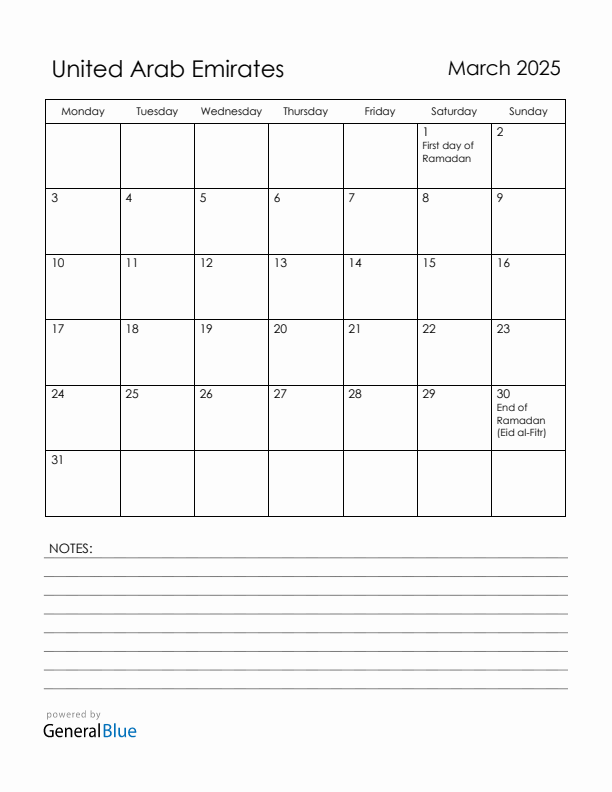 March 2025 United Arab Emirates Calendar with Holidays (Monday Start)