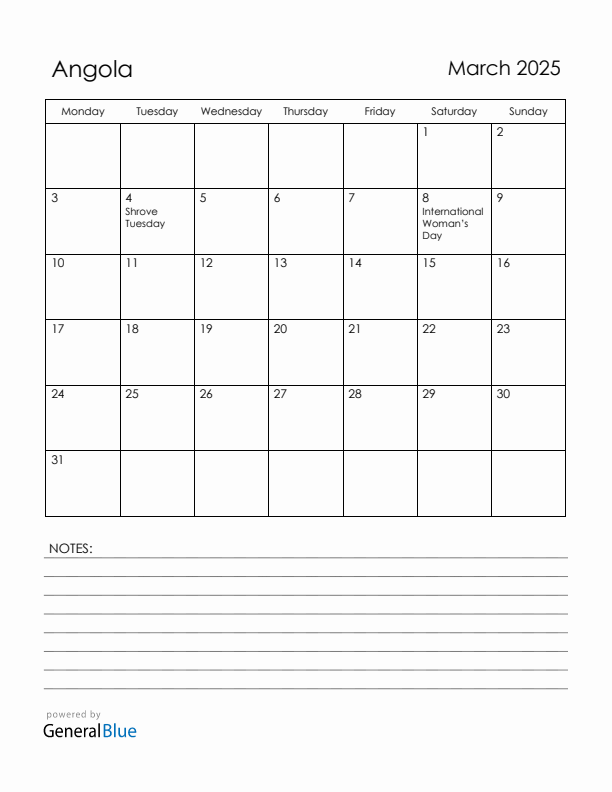 March 2025 Angola Calendar with Holidays (Monday Start)
