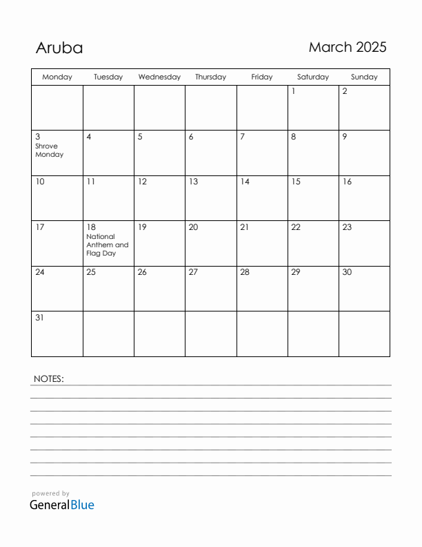 March 2025 Aruba Calendar with Holidays (Monday Start)