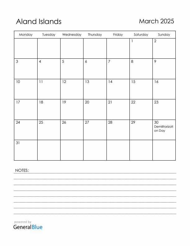 March 2025 Aland Islands Calendar with Holidays (Monday Start)