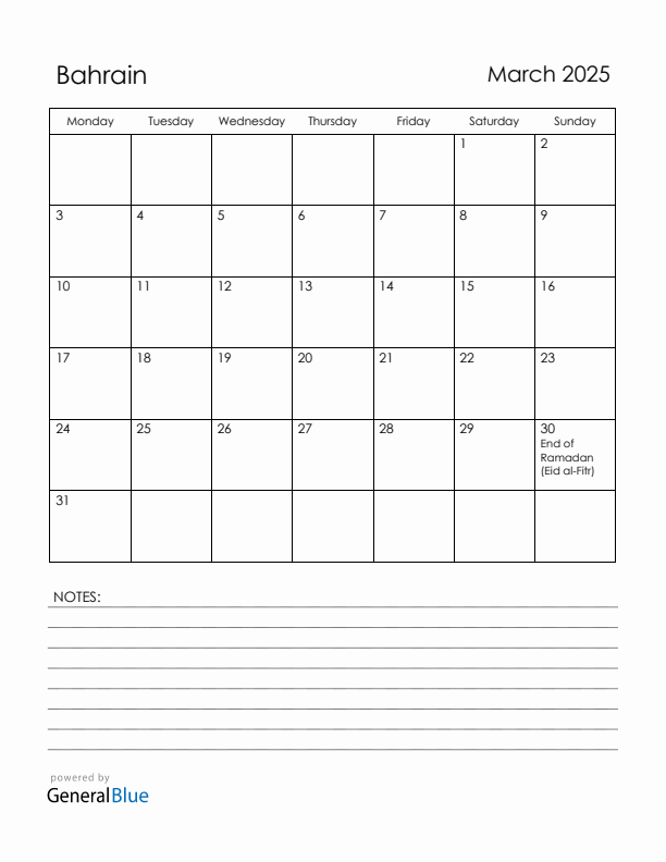 March 2025 Bahrain Calendar with Holidays (Monday Start)
