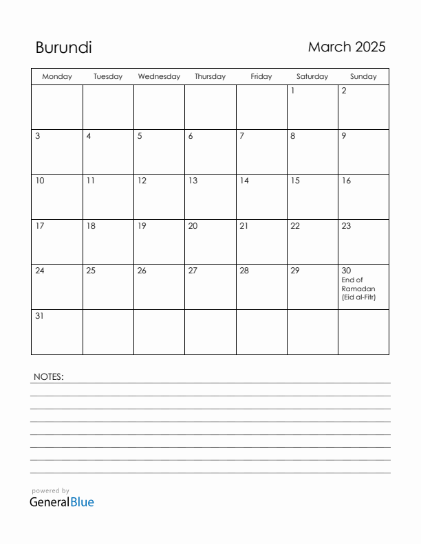 March 2025 Burundi Calendar with Holidays (Monday Start)