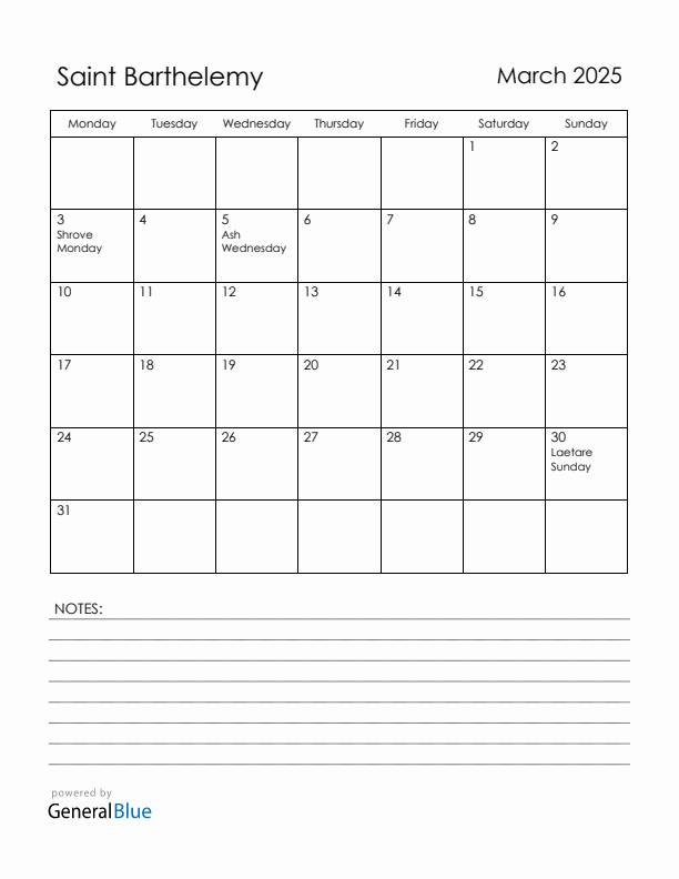 March 2025 Saint Barthelemy Calendar with Holidays (Monday Start)