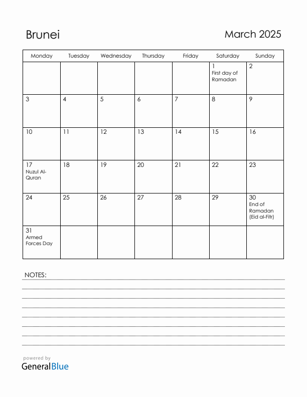 March 2025 Brunei Calendar with Holidays (Monday Start)