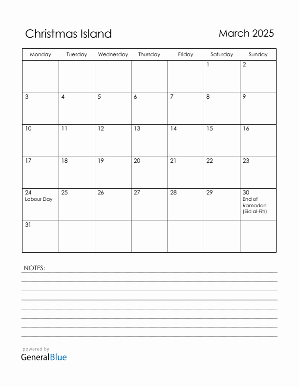March 2025 Christmas Island Calendar with Holidays (Monday Start)