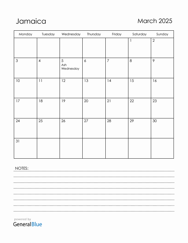 March 2025 Jamaica Calendar with Holidays (Monday Start)